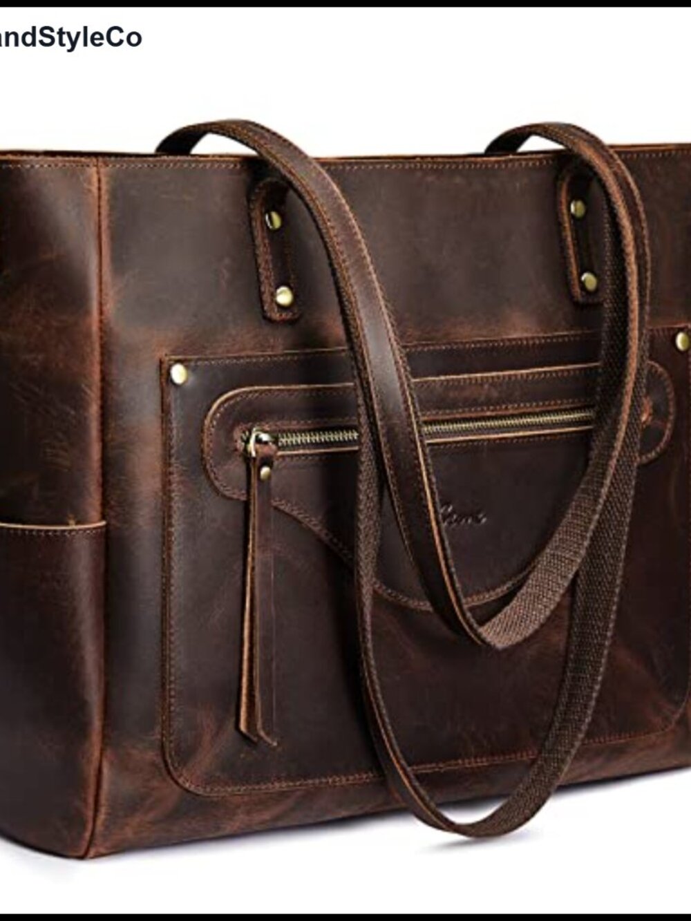 S-ZONE Durable Top Grain Crazy Horse Leather Large Tote Bag 15.6 Laptop
